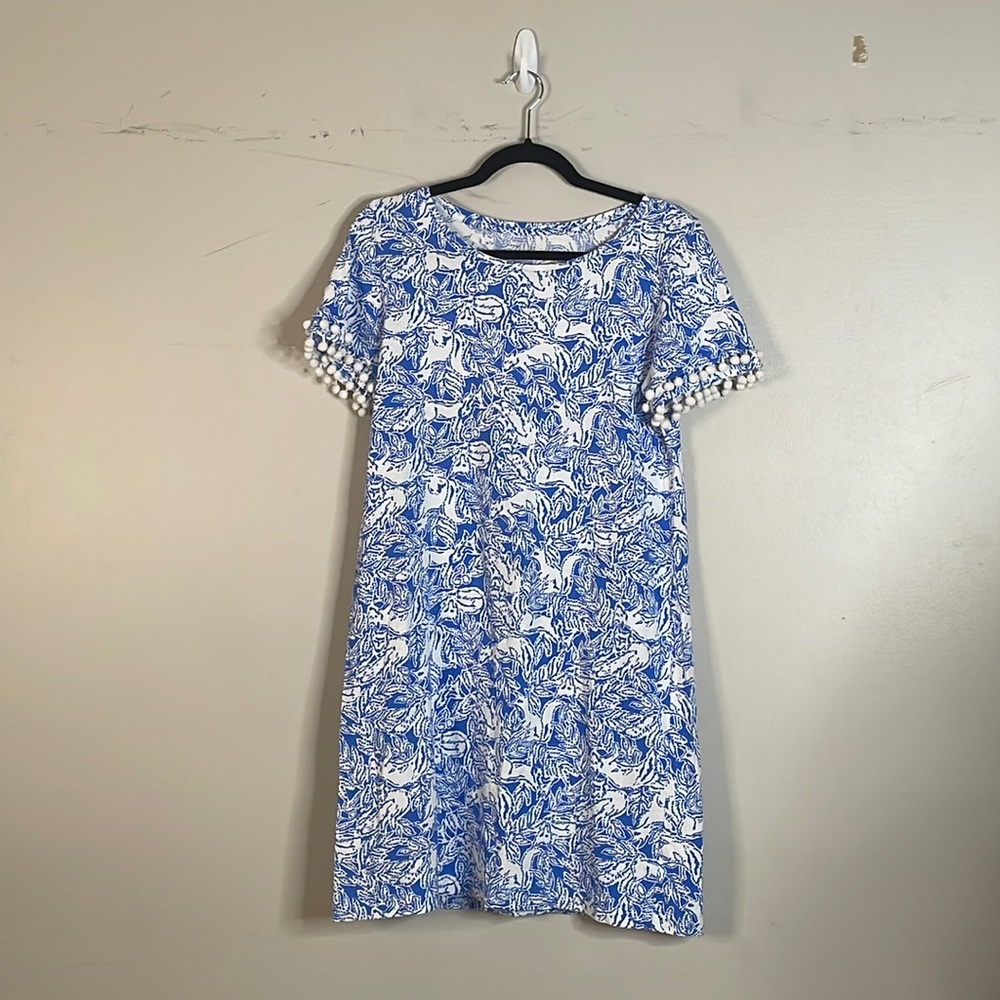 Chic Blue and White Floral Mini Dress with Pom-Pom Sleeves